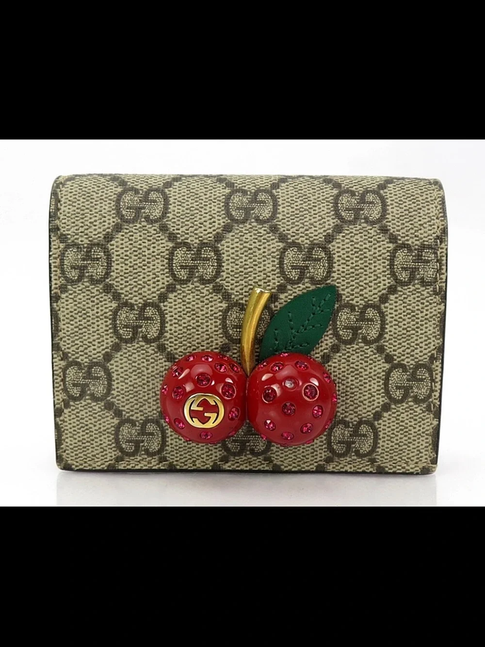 Gucci Beige GG Supreme Cherry Appliqué Wallet